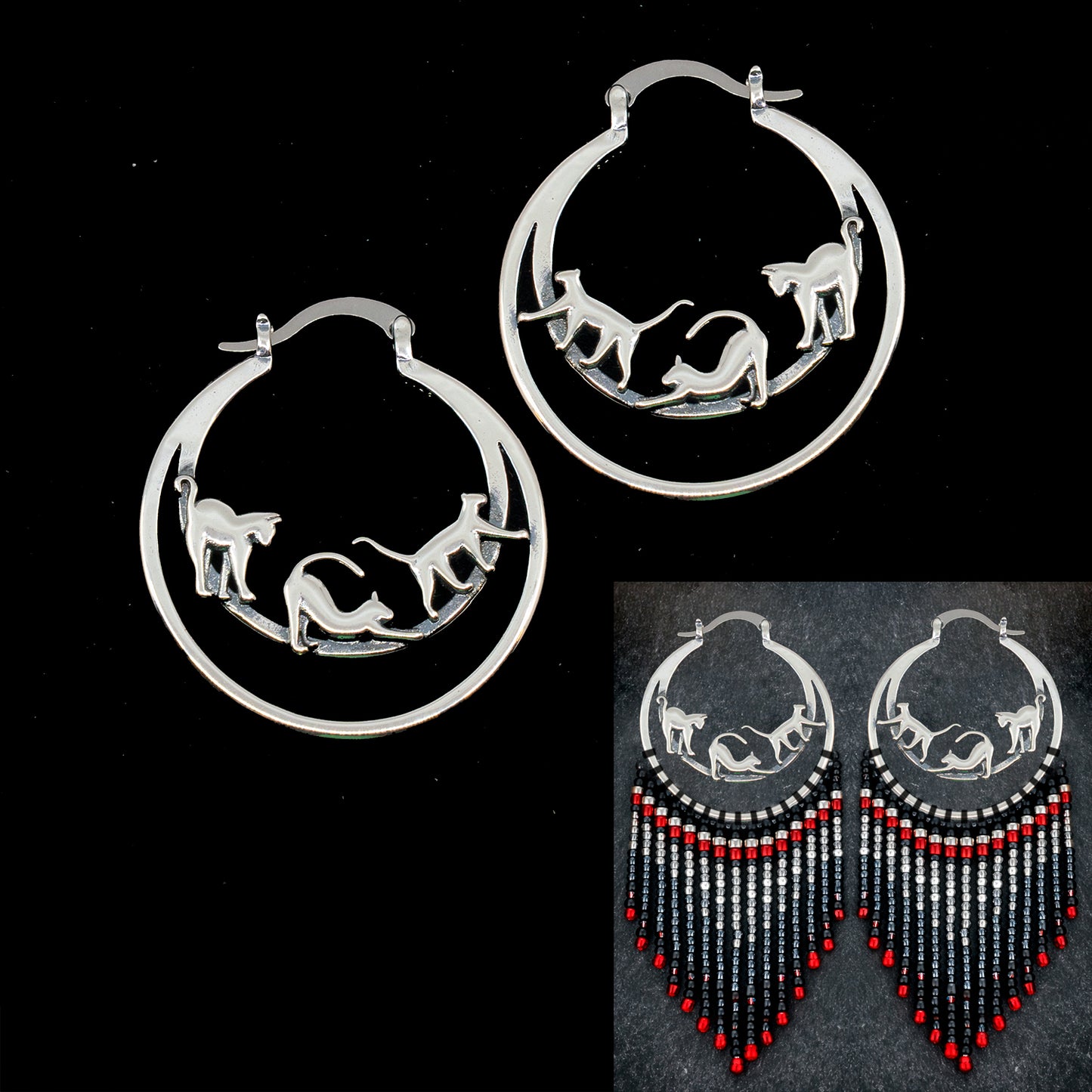 Double Hoop Earring Finding with Cats, approx. 34x30 mm, Sterling Silver 925