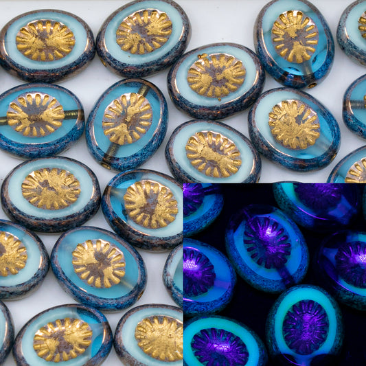 OUTLET 250g/50g Table Cut Kiwi Beads, 14 x 10 mm, Turquoise Transparent Aqua Bronze Gold Lined (54200-60000-14415-54202), Glass, Czech Republic