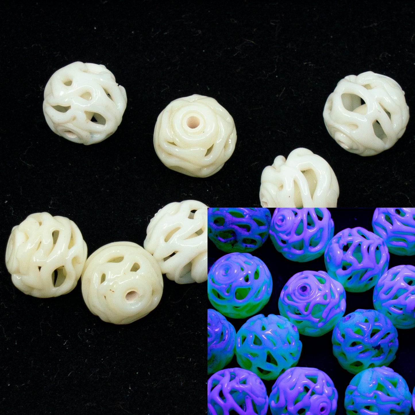 VINTAGE OUTLET 1 pc Lampwork LACE handmade Round Beads, 9 x 9 mm, White Uranium, Glass, Czech Republic, Antique