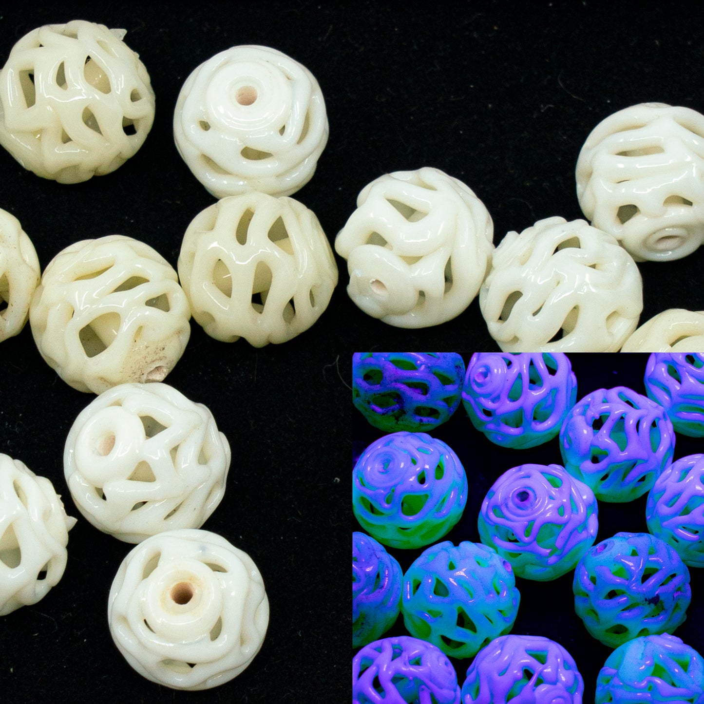 VINTAGE OUTLET 1 pc Lampwork LACE handmade Round Beads, 10 x 10 mm, White Uranium, Glass, Czech Republic, Antique