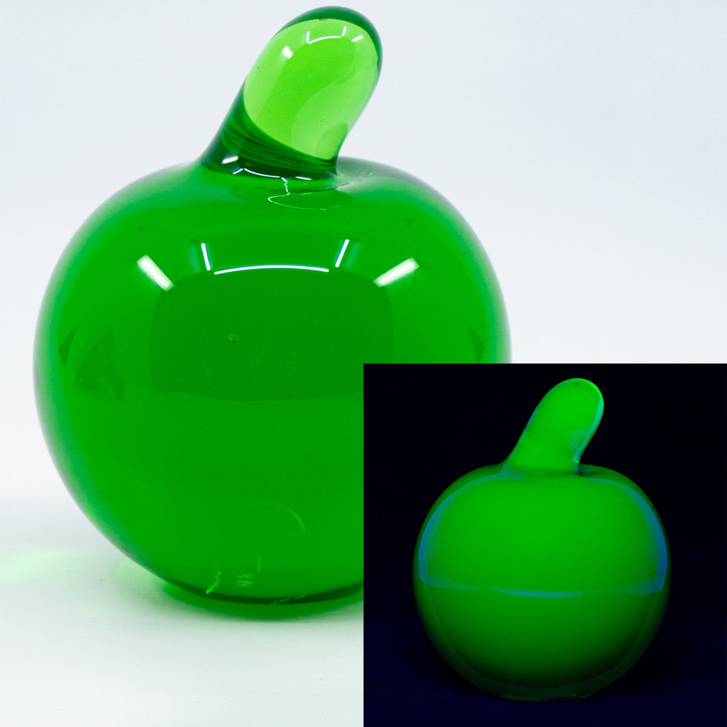 ウランガラス製洋梨型ペーパーウェイト – 手作りUV反応性アートフィギュア、チェコ共和国