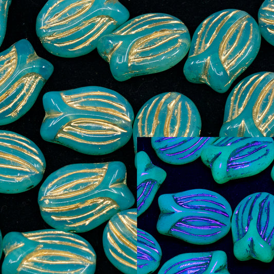 OUTLET 10 grams Mini Tulip Beads, 16 x 11 mm, Opal Aqua Gold Lined (61100-54202), Glass, Czech Republic