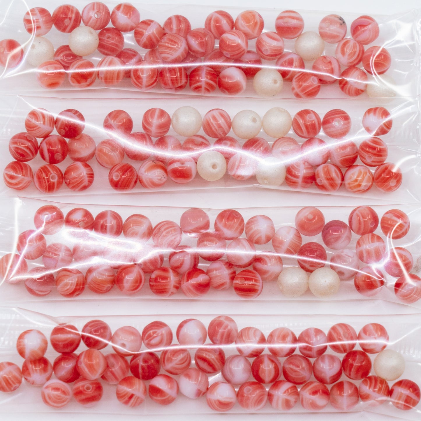 OUTLET 10 grams Round Druck Beads, 6 x 6 mm, White Red, Glass, Czech Republic