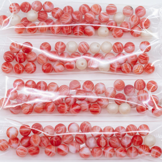 OUTLET 10 grams Round Druck Beads, 6 x 6 mm, White Red, Glass, Czech Republic