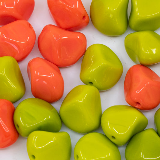 OUTLET 250g/50g Pressed Czech Glass Beads, 15 mm, Opaque Green Orange Mix (111-99230)