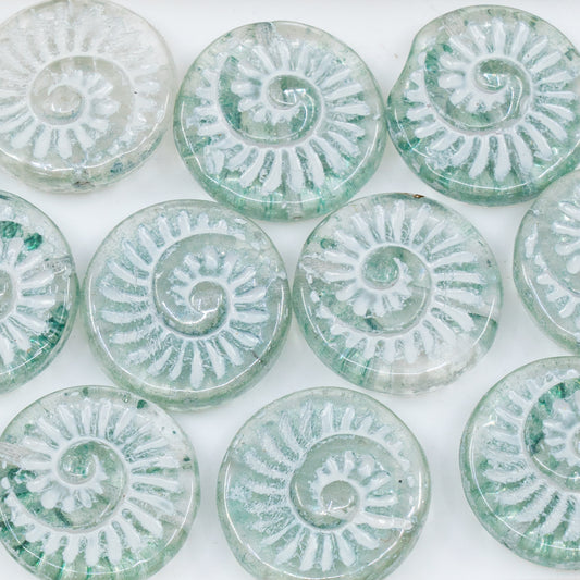 OUTLET 250g/50g Fossil Shell Beads, Crystal Green Luster White Lined (00030-14257-46401), Glass, Czech Republic
