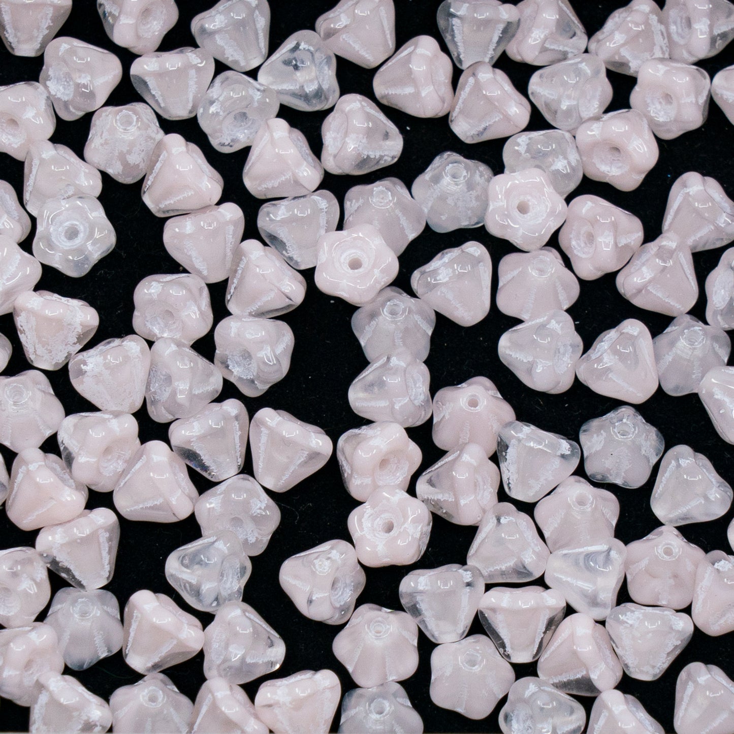 OUTLET 250g/50g Bell Flower Beads, 4 x 6 mm, Light Silk Pink White Lined (R0742-54311), Glass, Czech Republic