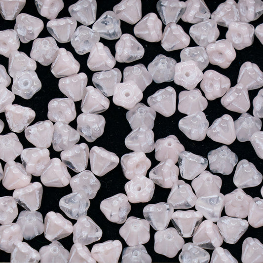 OUTLET 250g/50g Bell Flower Beads, 4 x 6 mm, Light Silk Pink White Lined (R0742-54311), Glass, Czech Republic