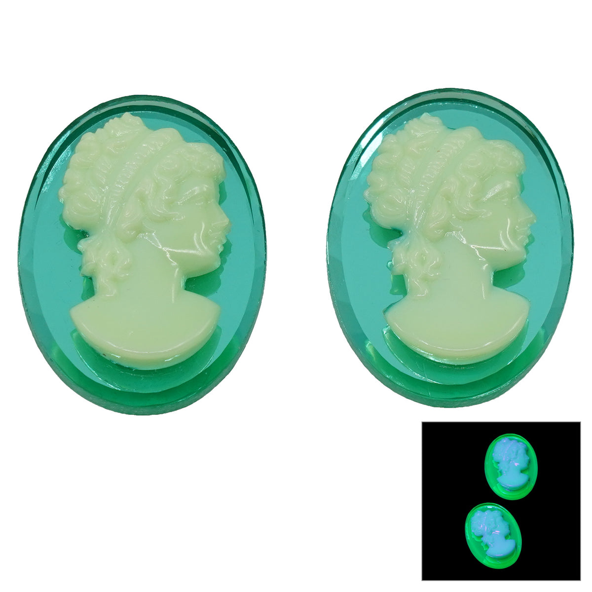 OUTLET 1 pcs Handmade Oval Cameo With Lady Face, 30 x 22 mm, Cameo Uran Green + Green (cameo-uran-green), Glass, Czech Republiс