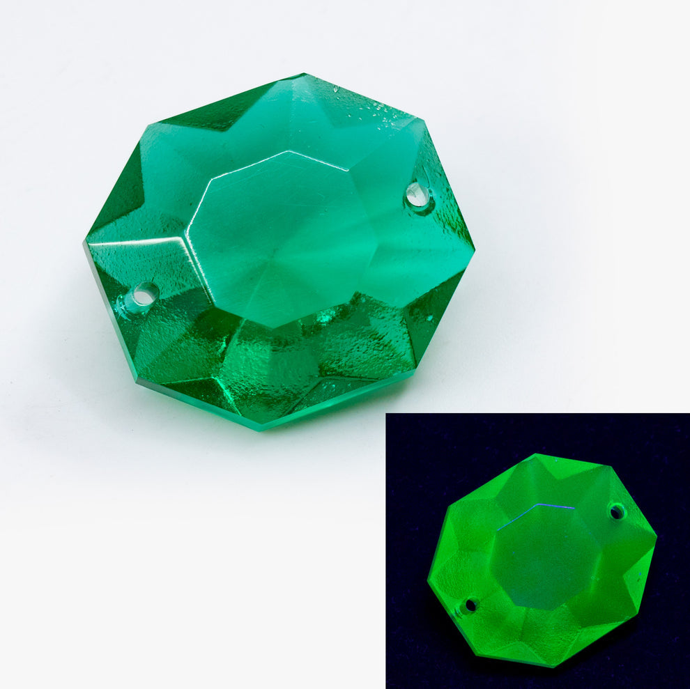 1 pc Uranium Chandelier Trimming Octagon 2-Hole (approx. 29x27mm), Emerald Green, Hand Cut and Polished Glass, Czech Republic, OUTLET