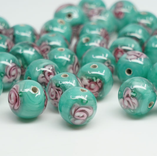 Lampwork HandMade Beads, Green with Flower, Glass, Czech Republic