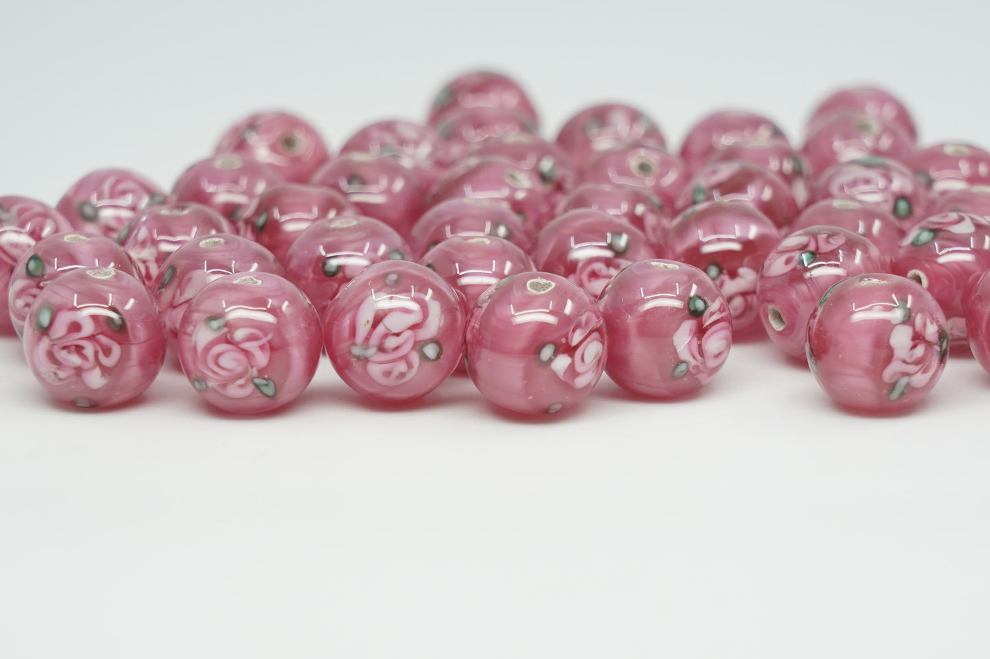 Lampwork HandMade Beads, Pink with Flower, Glass, Czech Republic