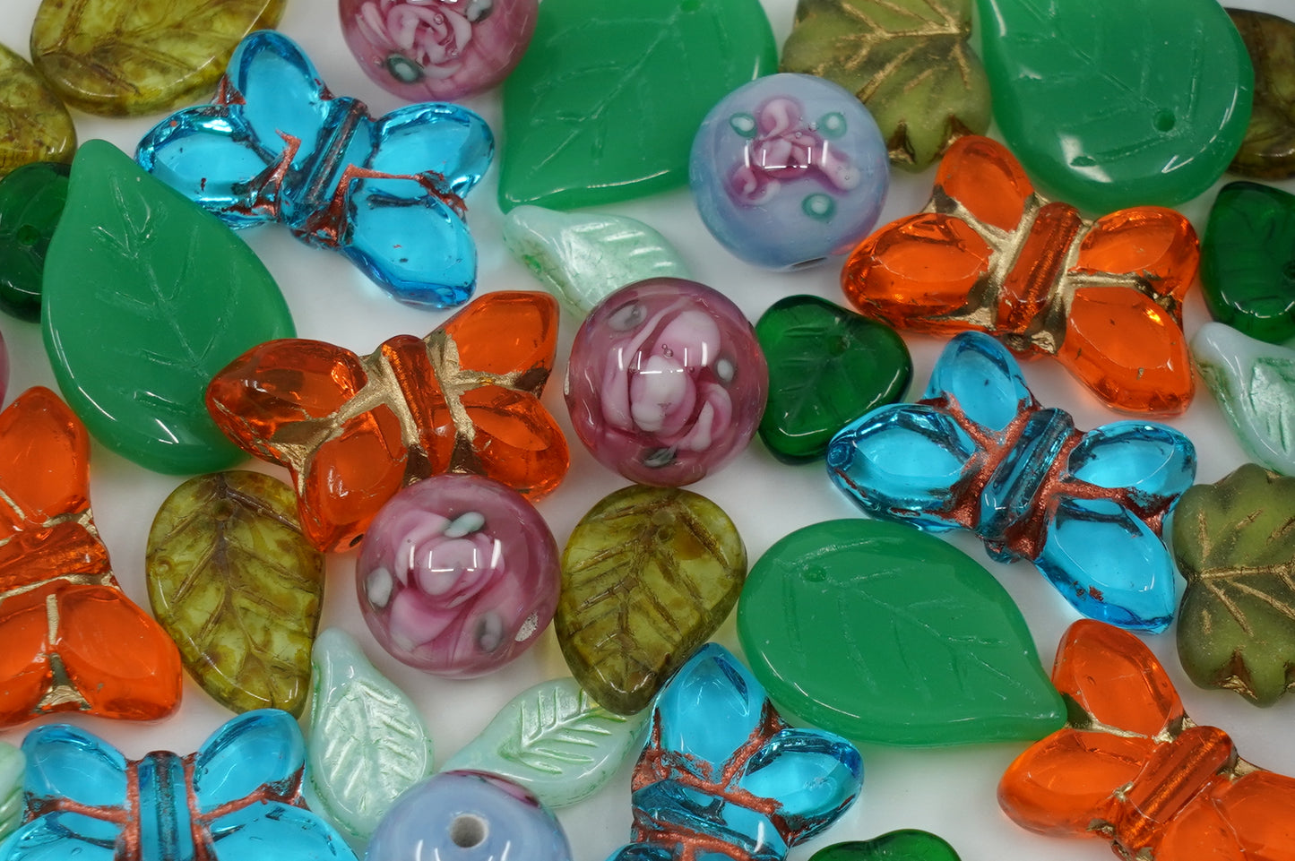 Glass FOCAL Bead Mix with Butterflies, Lampwork Flower Beads and Leaves