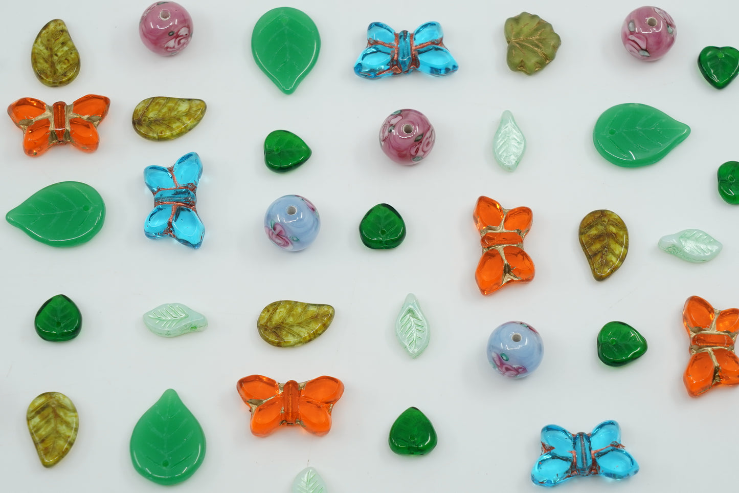 Glass FOCAL Bead Mix with Butterflies, Lampwork Flower Beads and Leaves