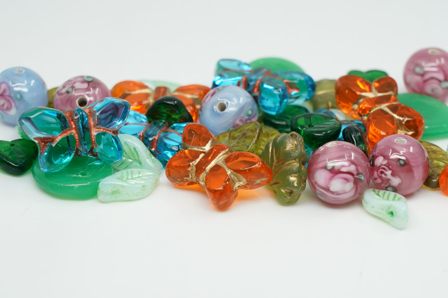 Glass FOCAL Bead Mix with Butterflies, Lampwork Flower Beads and Leaves