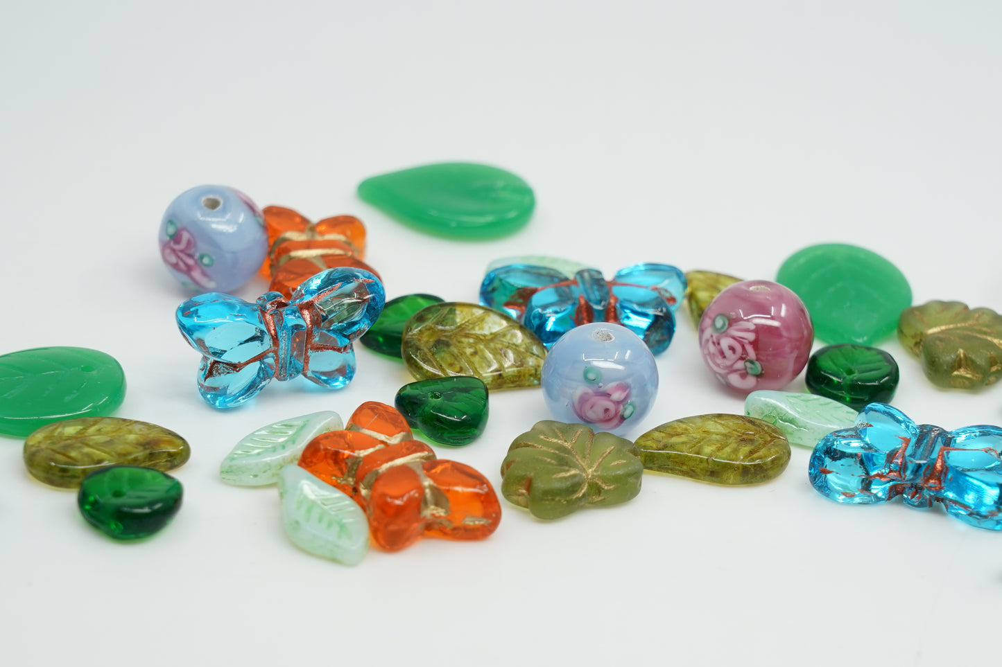 Glass FOCAL Bead Mix with Butterflies, Lampwork Flower Beads and Leaves