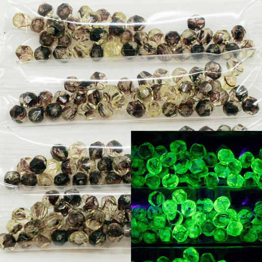 OUTLET 10 grams Faceted Round Fire Polished Beads, 6 x 6 mm, yellow striped A (88126-A), Glass, Czech Republic