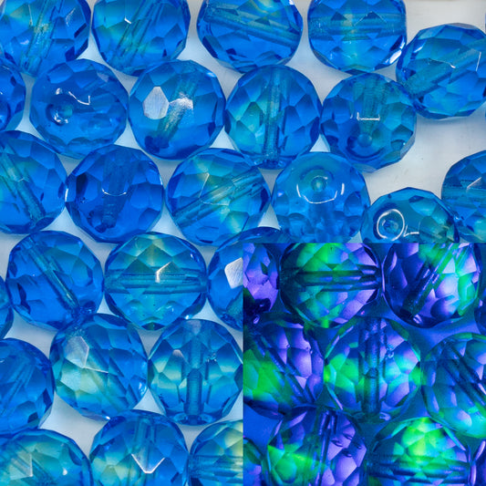 OUTLET 10 grams Faceted Round Fire Polished Beads, 10 x 10 mm, Blue Green Uranium (87311), Glass, Czech Republic