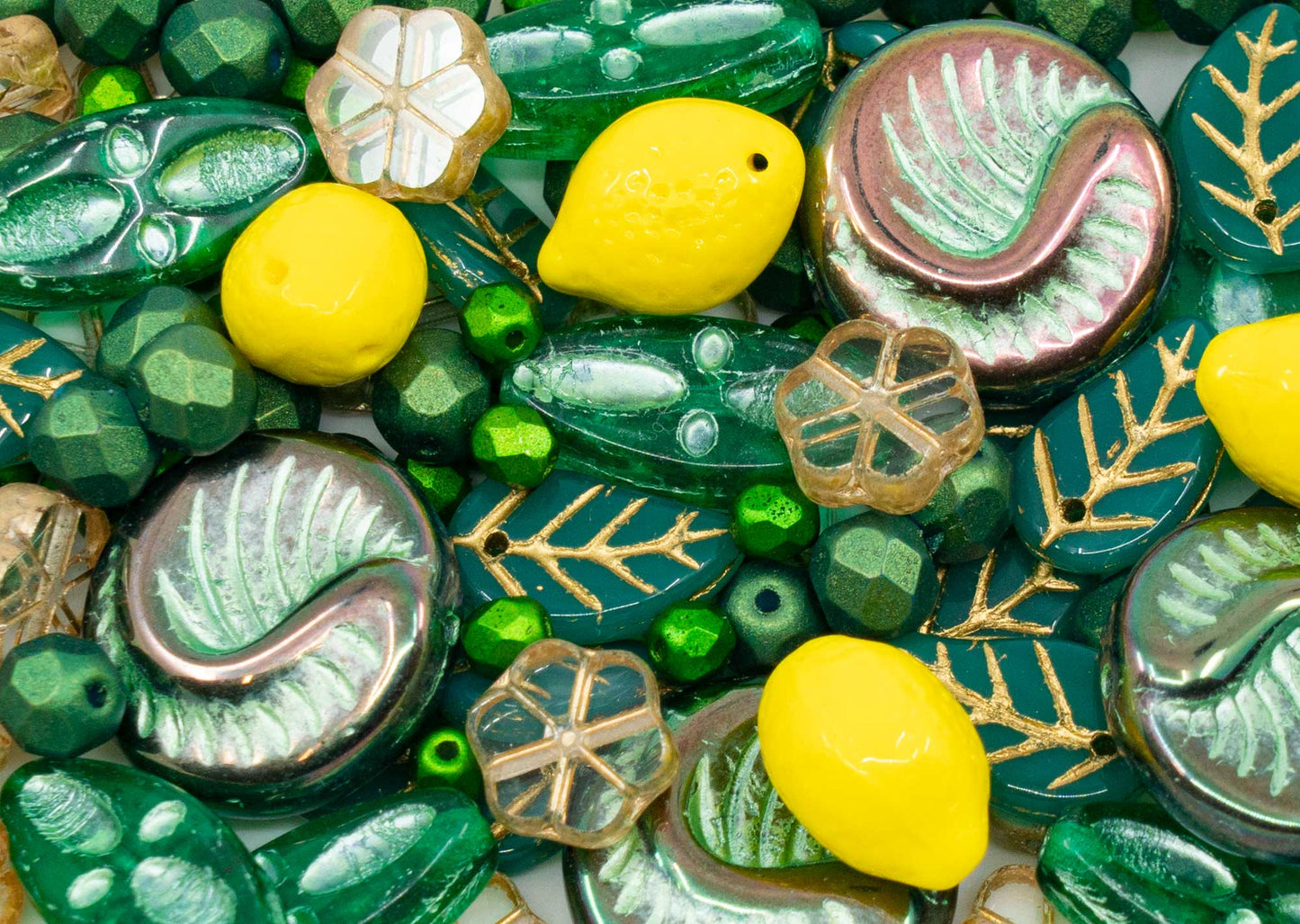 Focal Czech Glass Bead Mix with Lemon Shaped Beads, Seashel Beads and Leaf Beads, Emerald