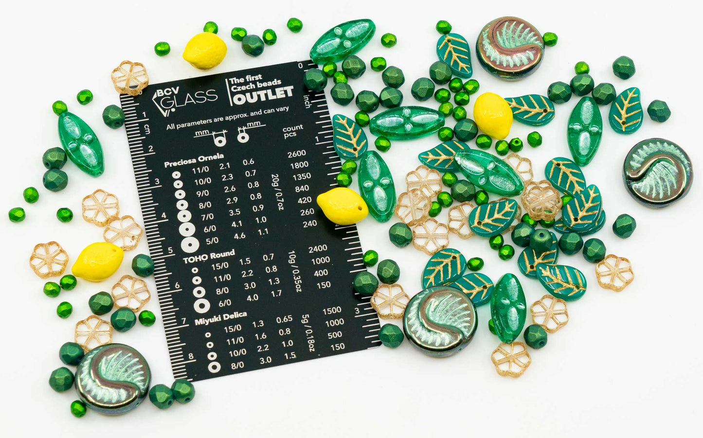 Focal Czech Glass Bead Mix with Lemon Shaped Beads, Seashel Beads and Leaf Beads, Emerald