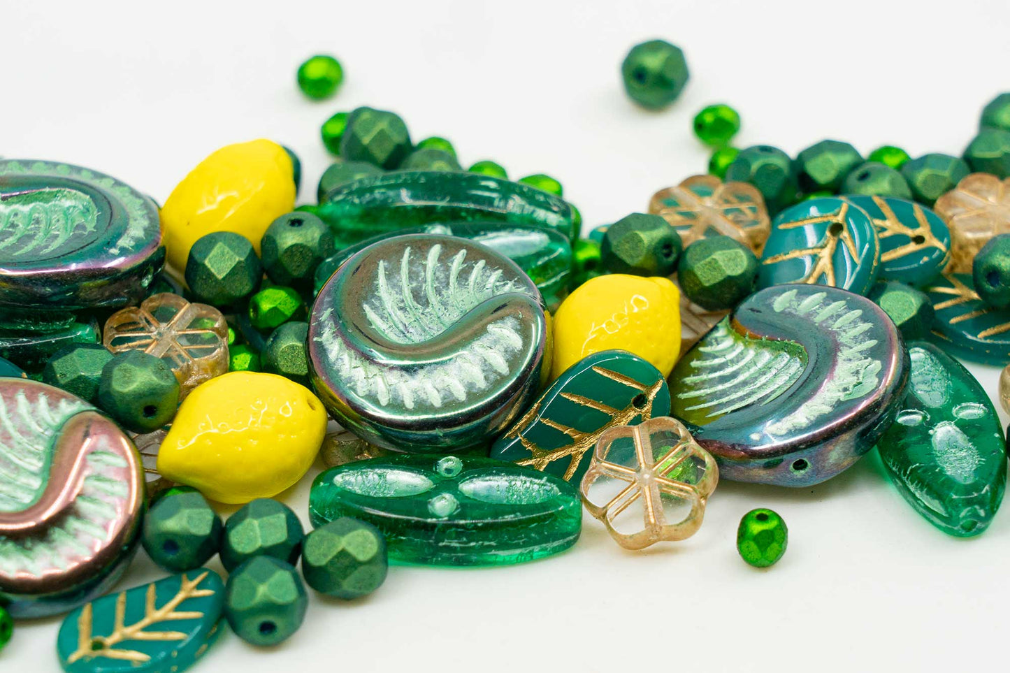 Focal Czech Glass Bead Mix with Lemon Shaped Beads, Seashel Beads and Leaf Beads, Emerald