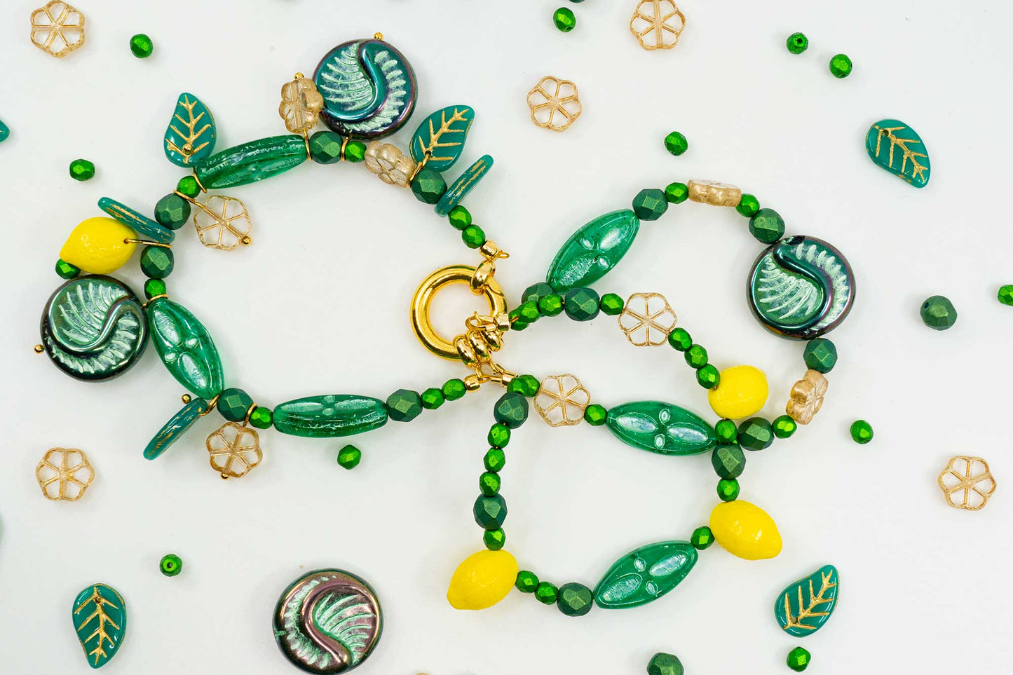 Focal Czech Glass Bead Mix with Lemon Shaped Beads, Seashel Beads and Leaf Beads, Emerald