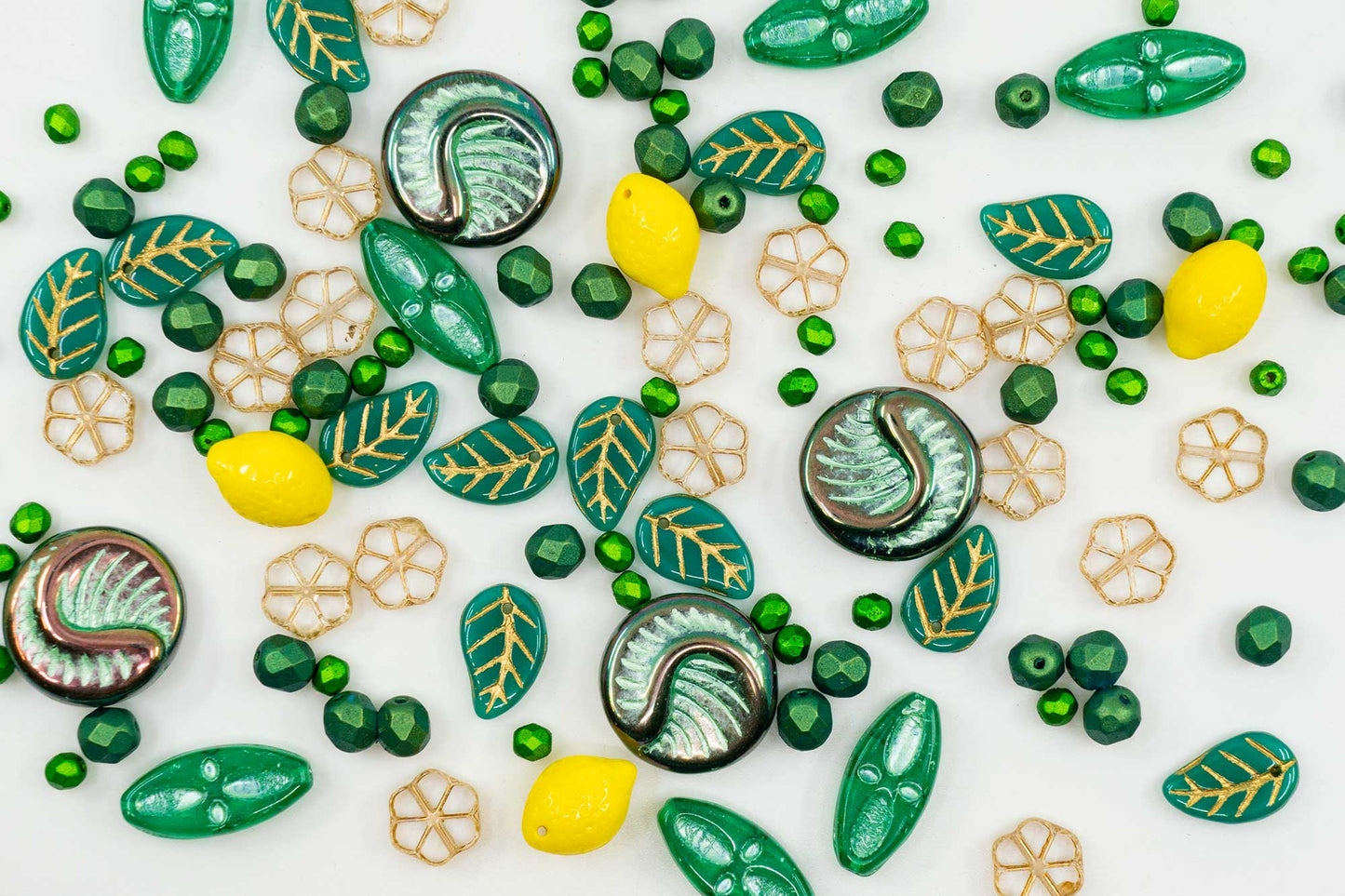 Focal Czech Glass Bead Mix with Lemon Shaped Beads, Seashel Beads and Leaf Beads, Emerald
