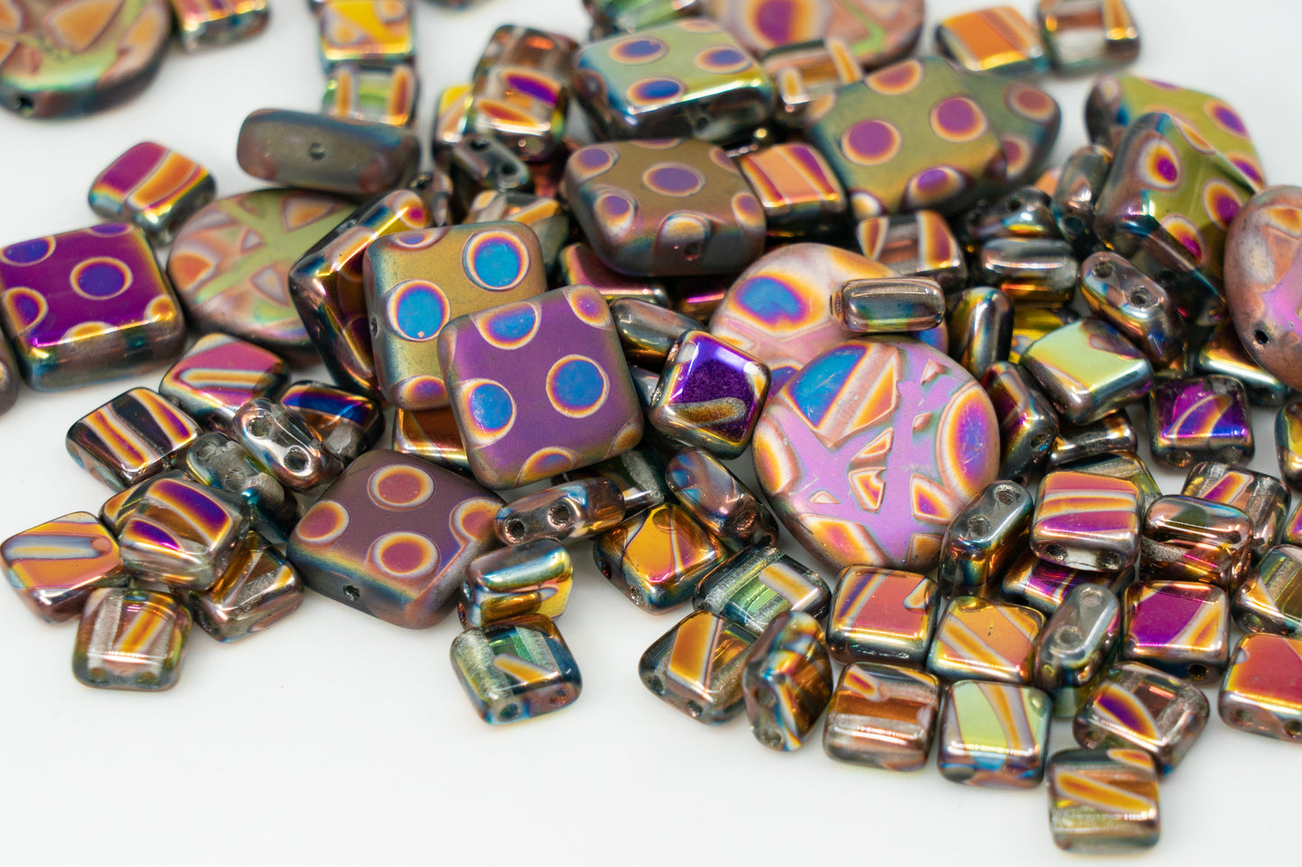 Mix of Unique Czech Bohemia Glass Pressed Beads, Violet Pink Vitrail Sliperit, Patterned, Matte and Glossy, FAN-01