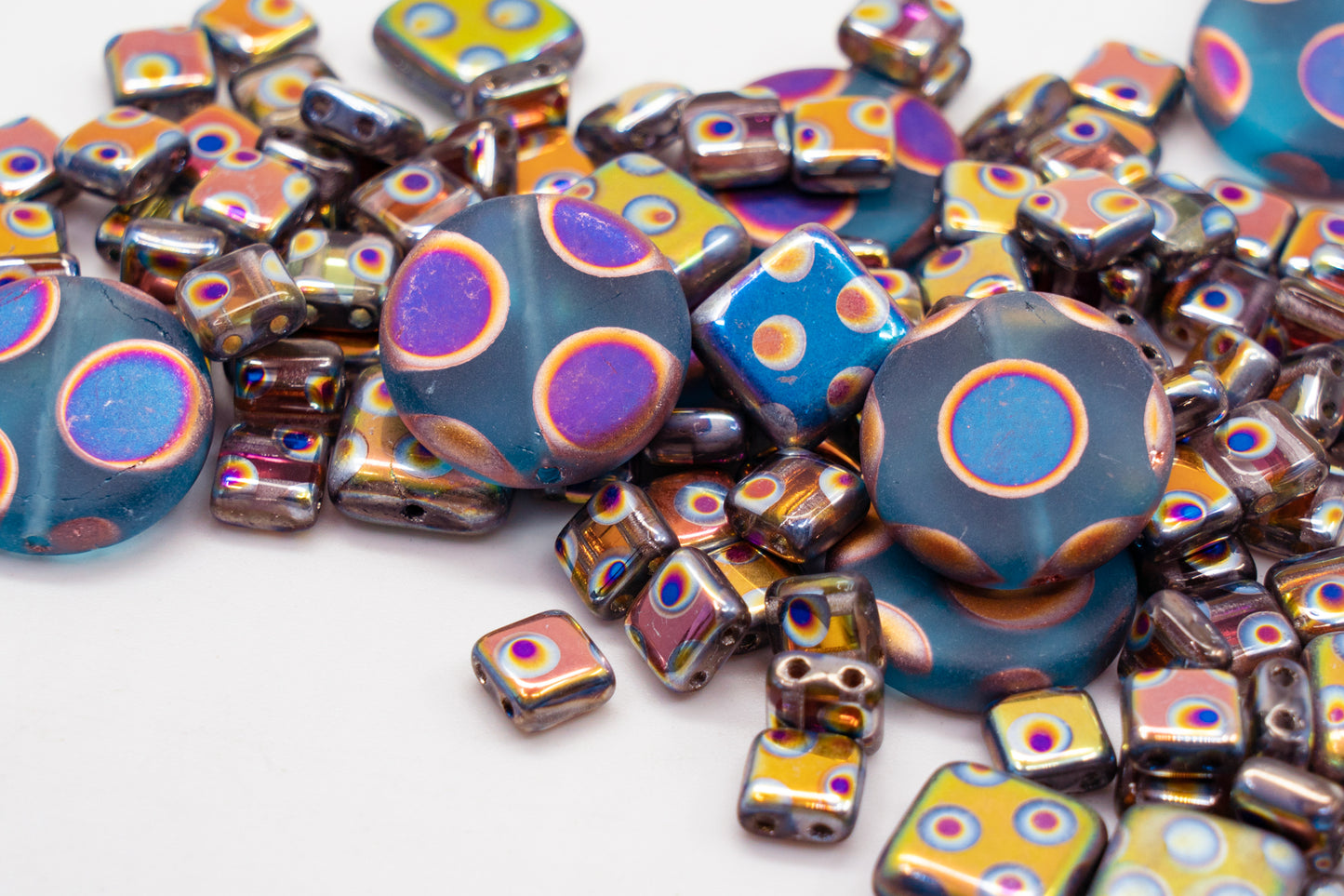 Mix of Unique Czech Bohemia Glass Pressed Beads, Blue Violet Pink Vitrail Sliperit, Dot Patterned, Matte and Glossy, FAN-02