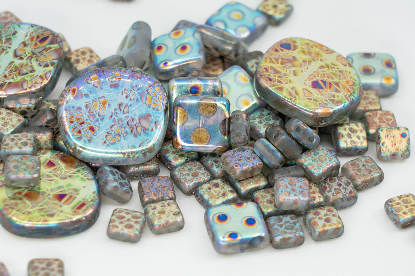 Mix of Unique Czech Bohemia Glass Pressed Beads, Light Blue AB Sliperit, Patterned, Matte and Glossy, FAN-03