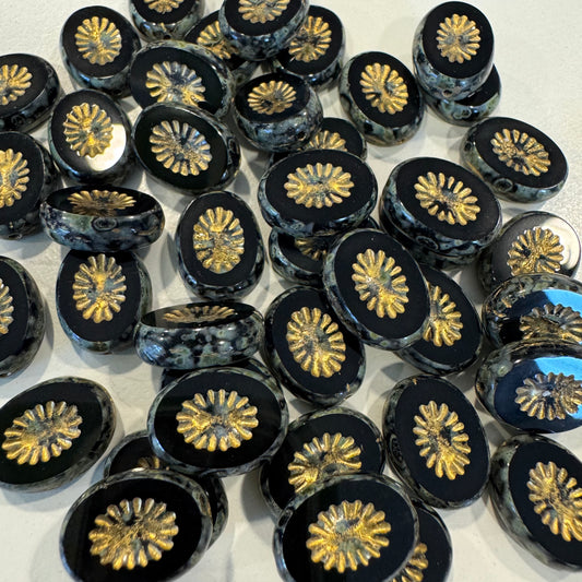 Table Cut Kiwi Beads, Black Travertin Gold Lined (23980-86800-54302), Glass, Czech Republic