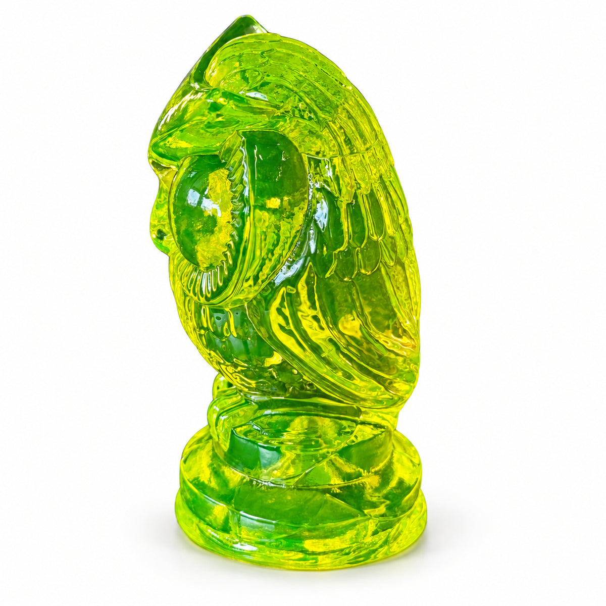 Uranium Glass Tableware (Glow under UV) - Statuette - Owl with Big Eyes, Czech Republic