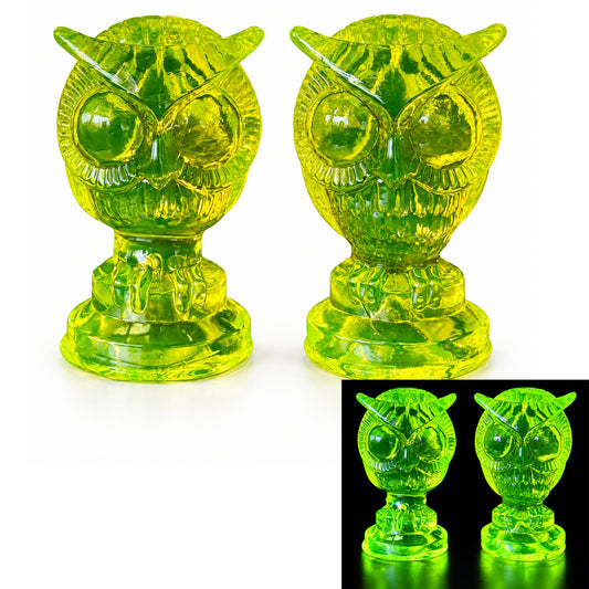 Uranium Glass Tableware (Glow under UV) - Statuette - Owl with Big Eyes, Czech Republic