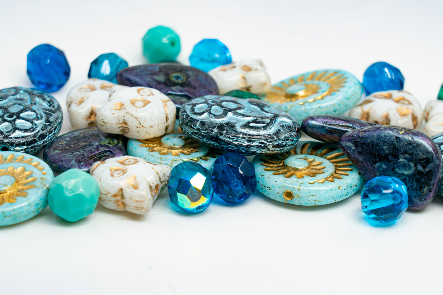 LIMITED Mix of Large Czech Glass Beads, Faceted Fire Polish and Cat Head, Hand Made Set Kit, Blue Animals