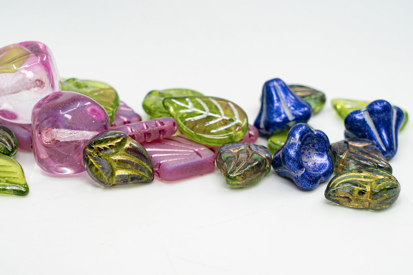 LIMITED Mix of Large Czech Glass Beads, Leaves and Bell Flowers, Hand Made Set Kit, Pink Flowers