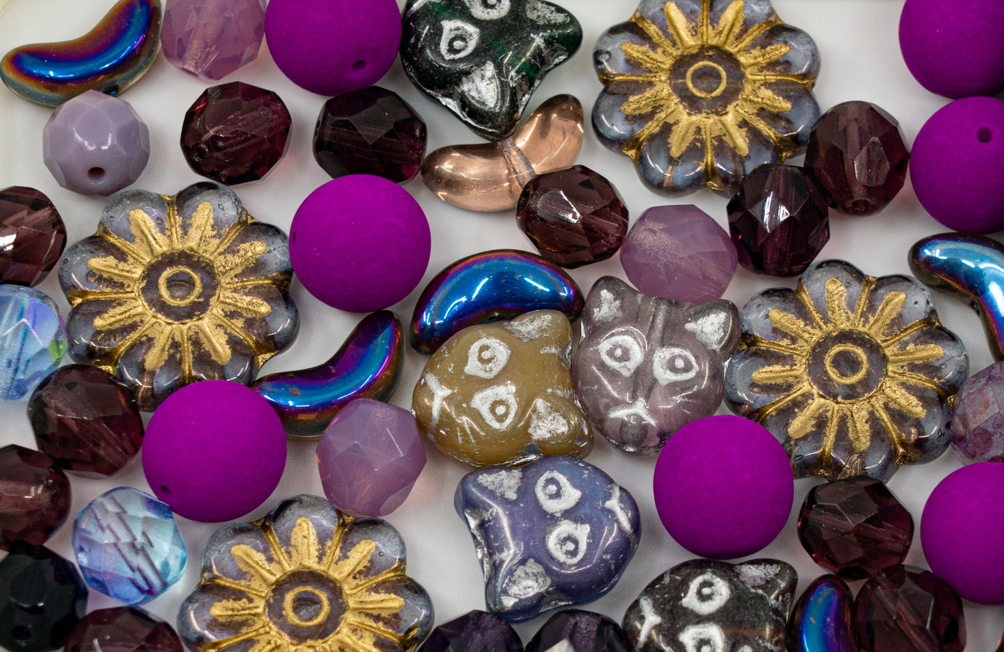 LIMITED Mix of Large Czech Glass Beads, Cat Heads, Daisy Flower and Faceted Beads, Hand Made Set Kit, Purple Cats