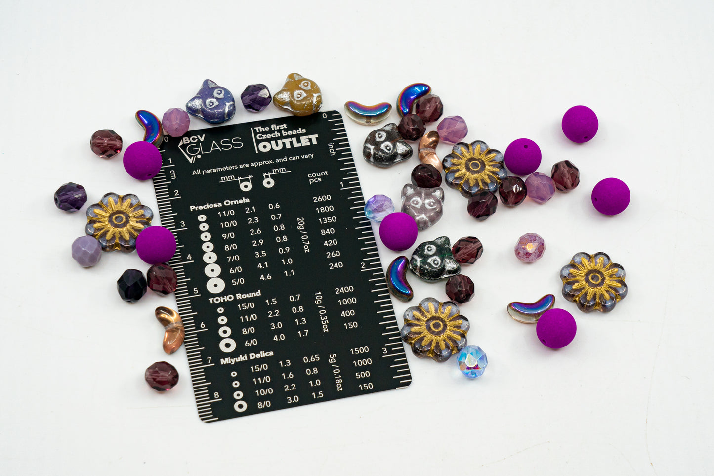 LIMITED Mix of Large Czech Glass Beads, Cat Heads, Daisy Flower and Faceted Beads, Hand Made Set Kit, Purple Cats