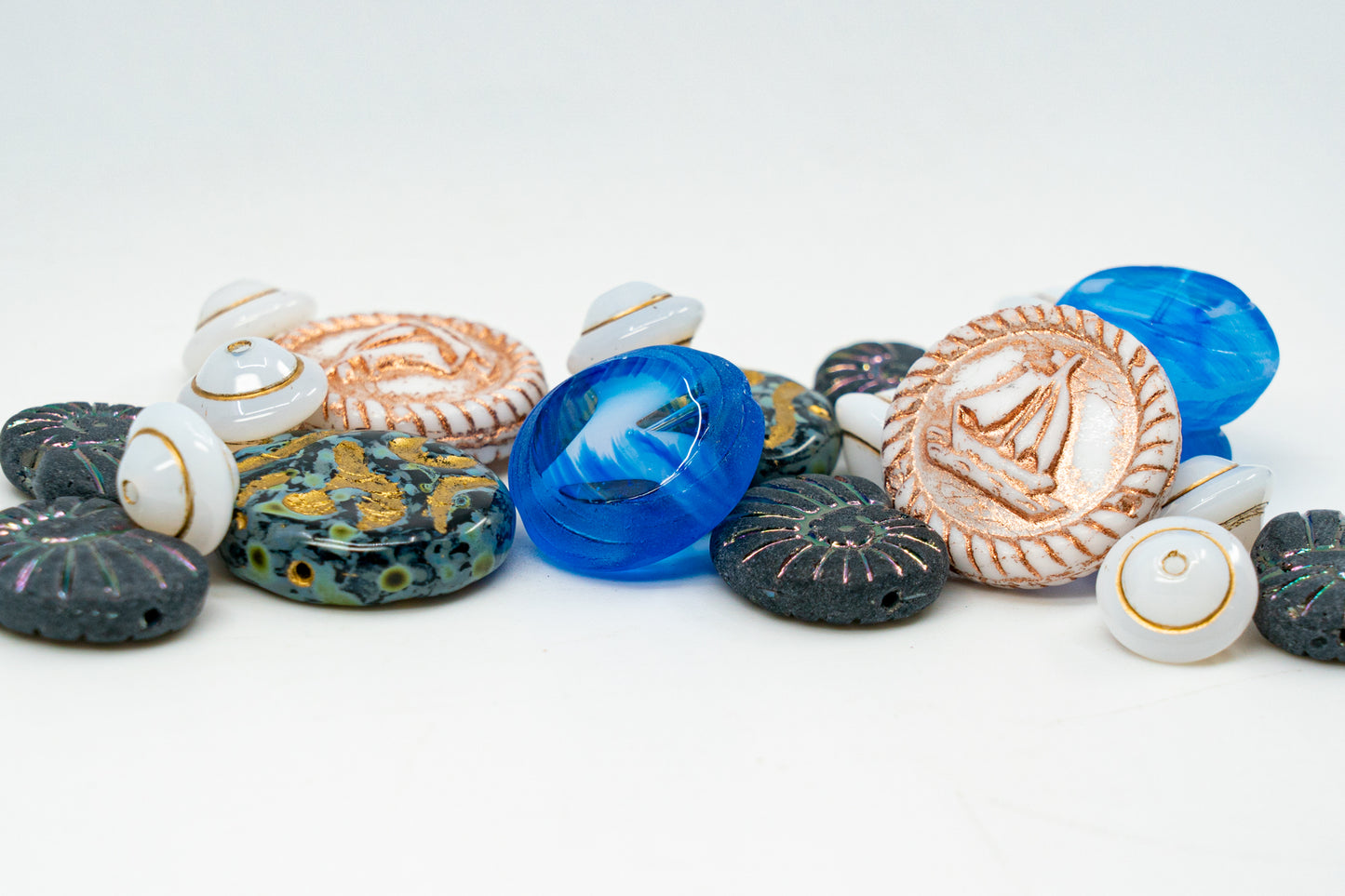 LIMITED Mix of Large Czech Glass Beads,  Shells, Table Cut beads and Boat Medallion, Hand Made Set Kit, Sea