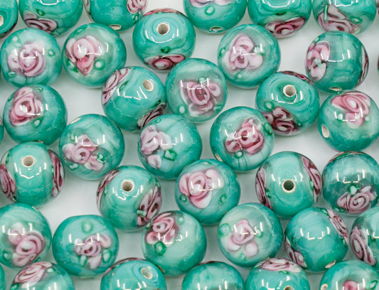 Lampwork HandMade Beads, Green with Flower, Glass, Czech Republic