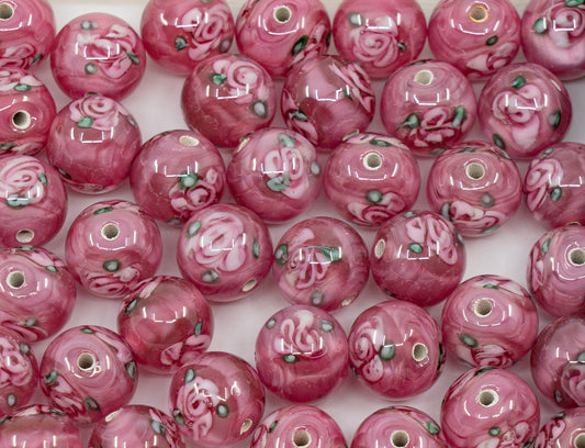 Lampwork HandMade Beads, Pink with Flower, Glass, Czech Republic