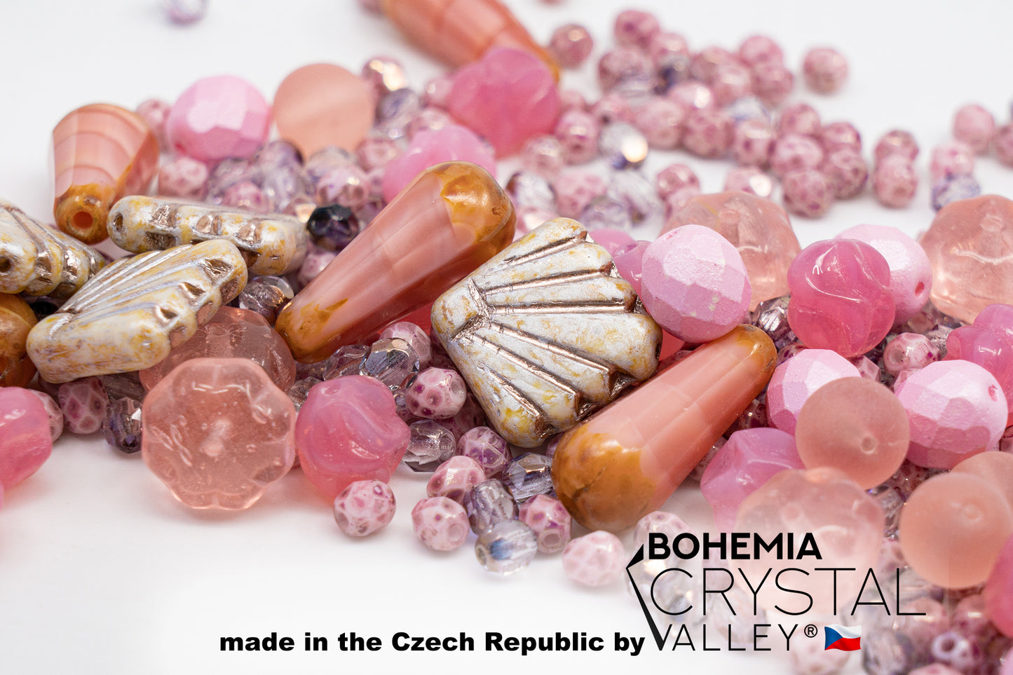 Mix of Unique Czech Bohemia Glass Pressed Beads, Dirty Pink Antique, Table Cut, Matte and Glossy, Faceted Fire Polish, Hand Made Set Kit BCV