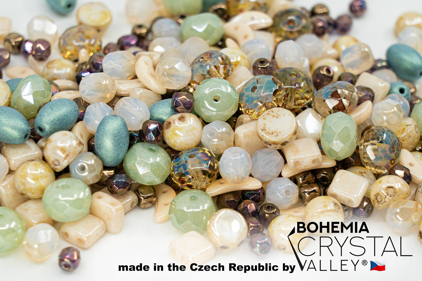 Mix of Unique Czech Bohemia Glass Pressed Beads, Matte and Glossy, Hand Made, Beige Blue Luster