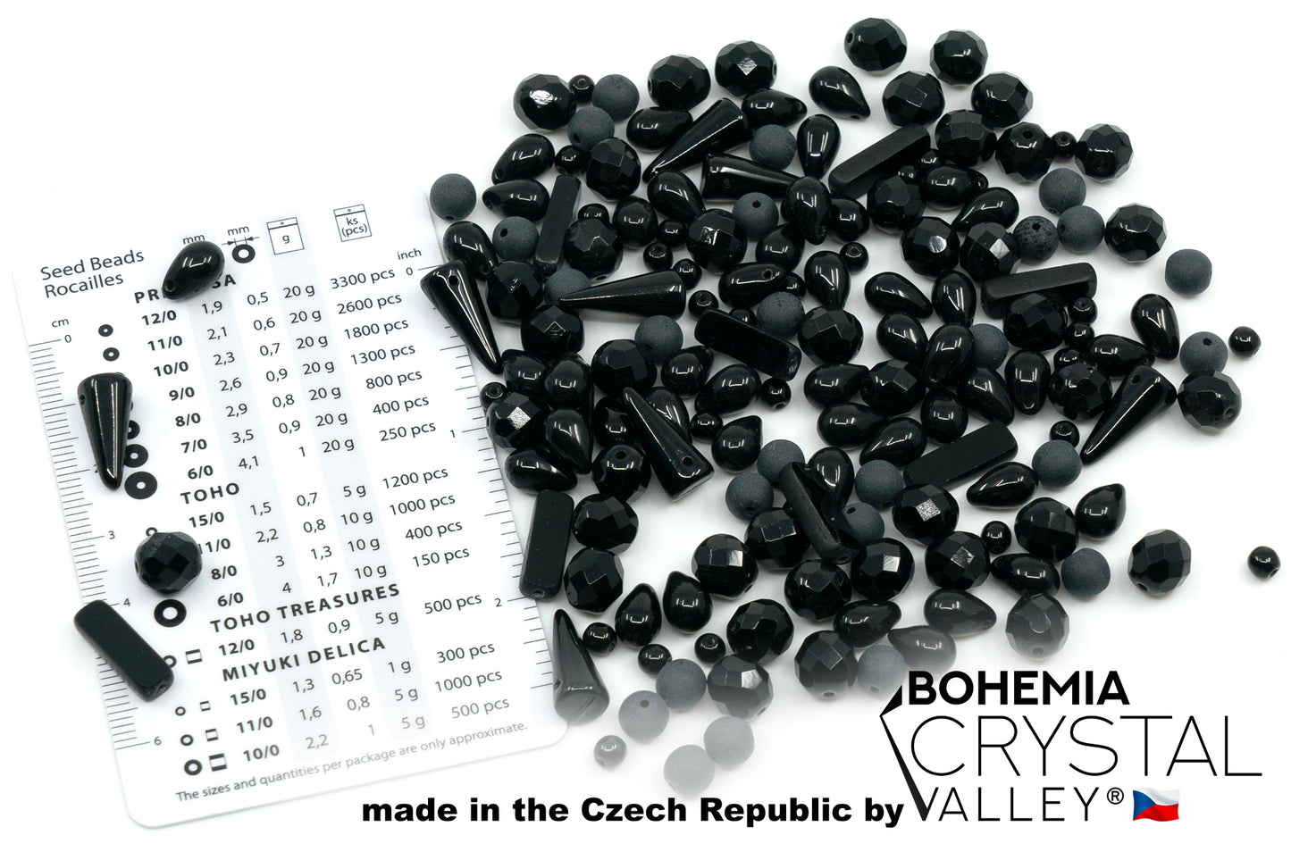 Glass Bead Mix with Drops, table-cut and fire polish Czech Beads, Glossy & Matte Black