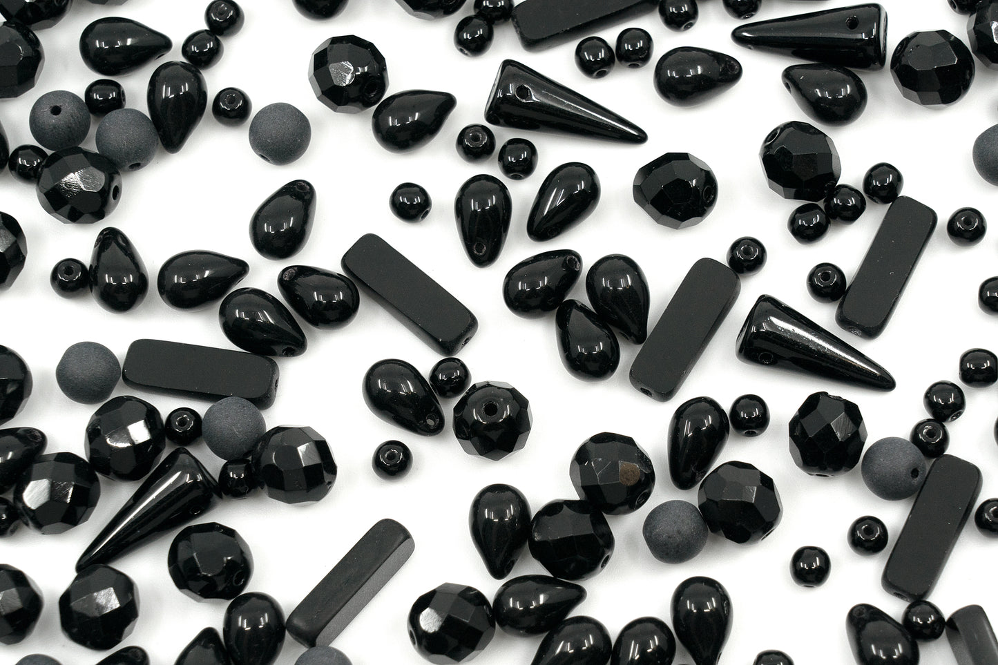 Glass Bead Mix with Drops, table-cut and fire polish Czech Beads, Glossy & Matte Black