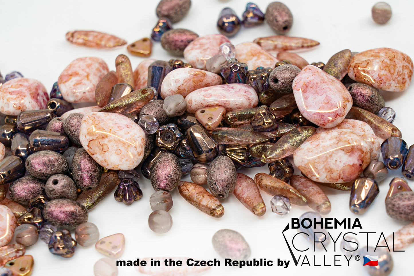 Mix of Unique Czech Bohemia Glass Pressed Beads, Matte and Glossy, Hand Made, Antique Copper Pink