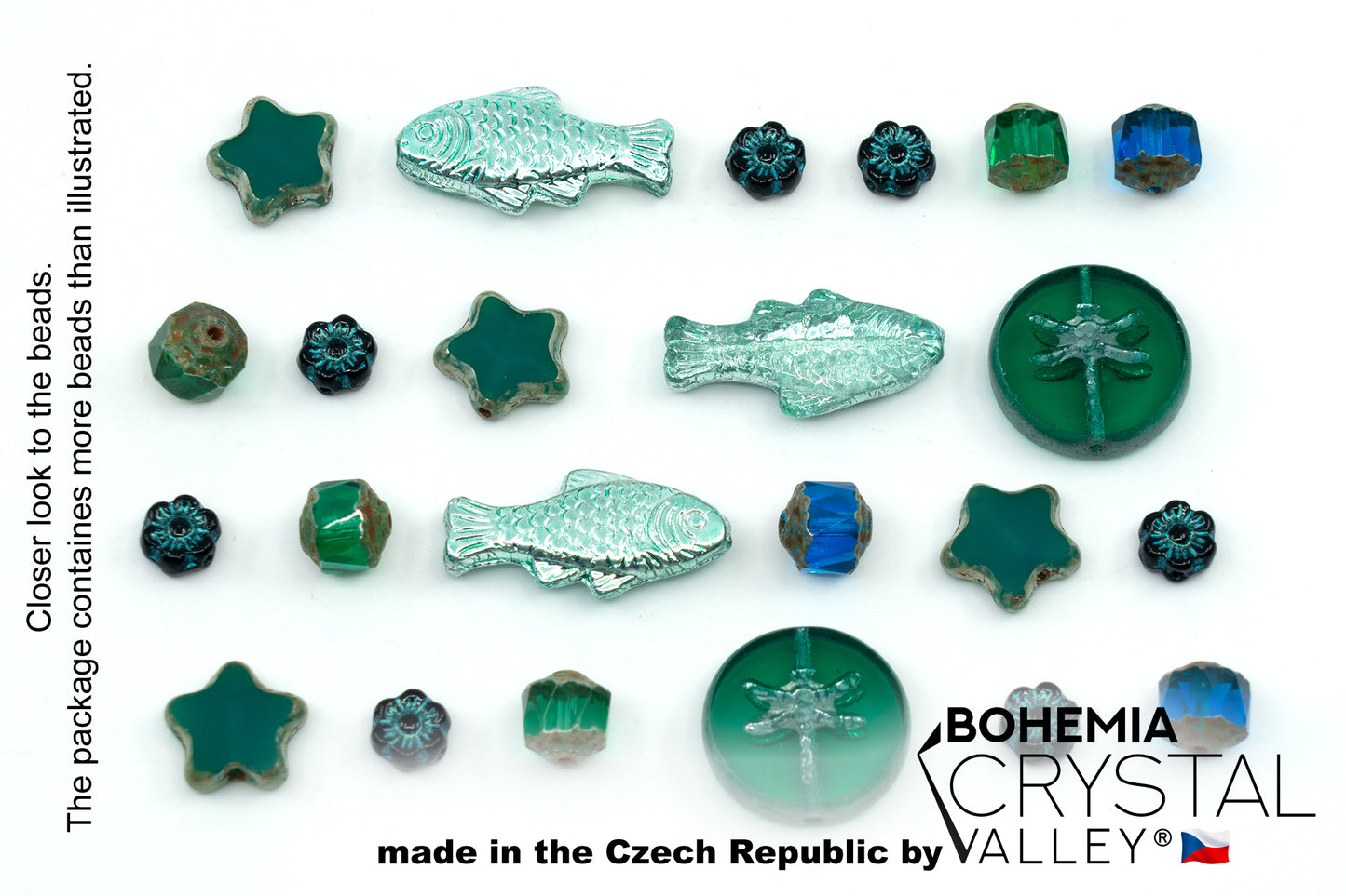 Glas-FOCAL-Perlenmischung mit Blumen, tschechische Tischschliff- und Feuerlackperlen, PG-Grün