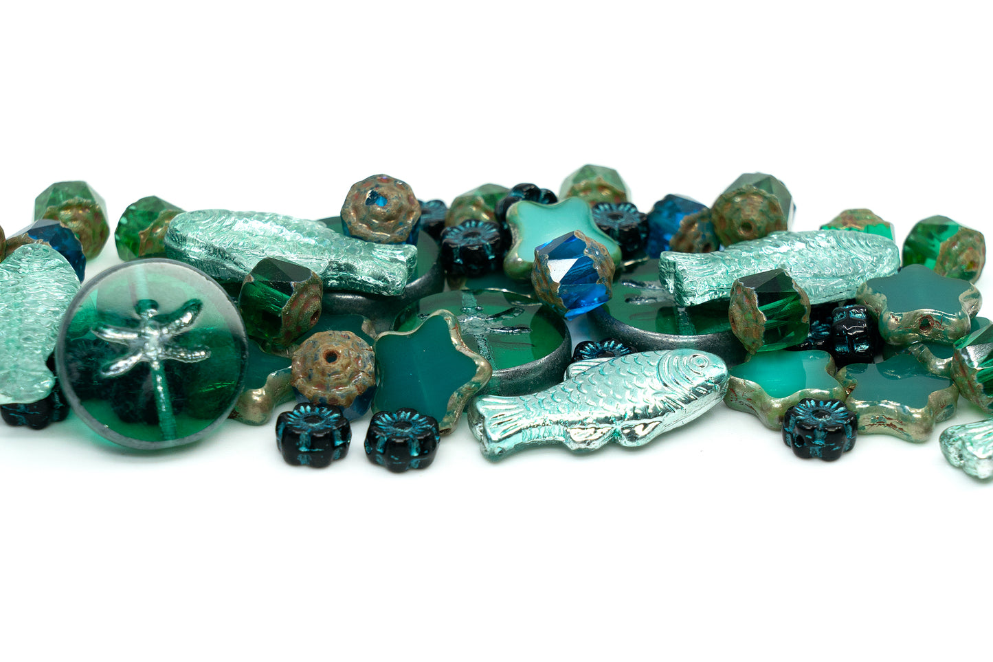 玻璃 FOCAL 珠子与花朵混合，桌面切割和火抛光捷克珠子，PG 绿色