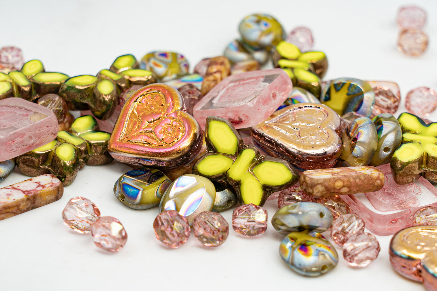 Focal Glass Bead Mix with Table-Cut Flower and Butterfly Beads, PG Pale Green Pink