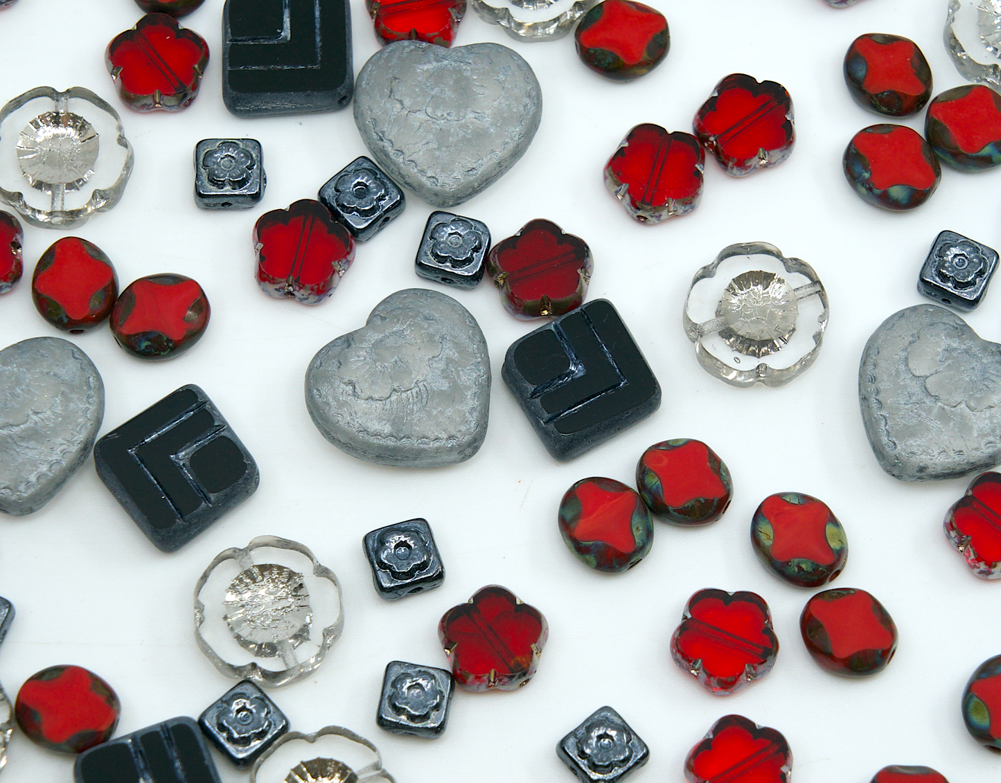 Focal Glass Bead Mix with Table-Cut Flower and Heart Beads, PG Red