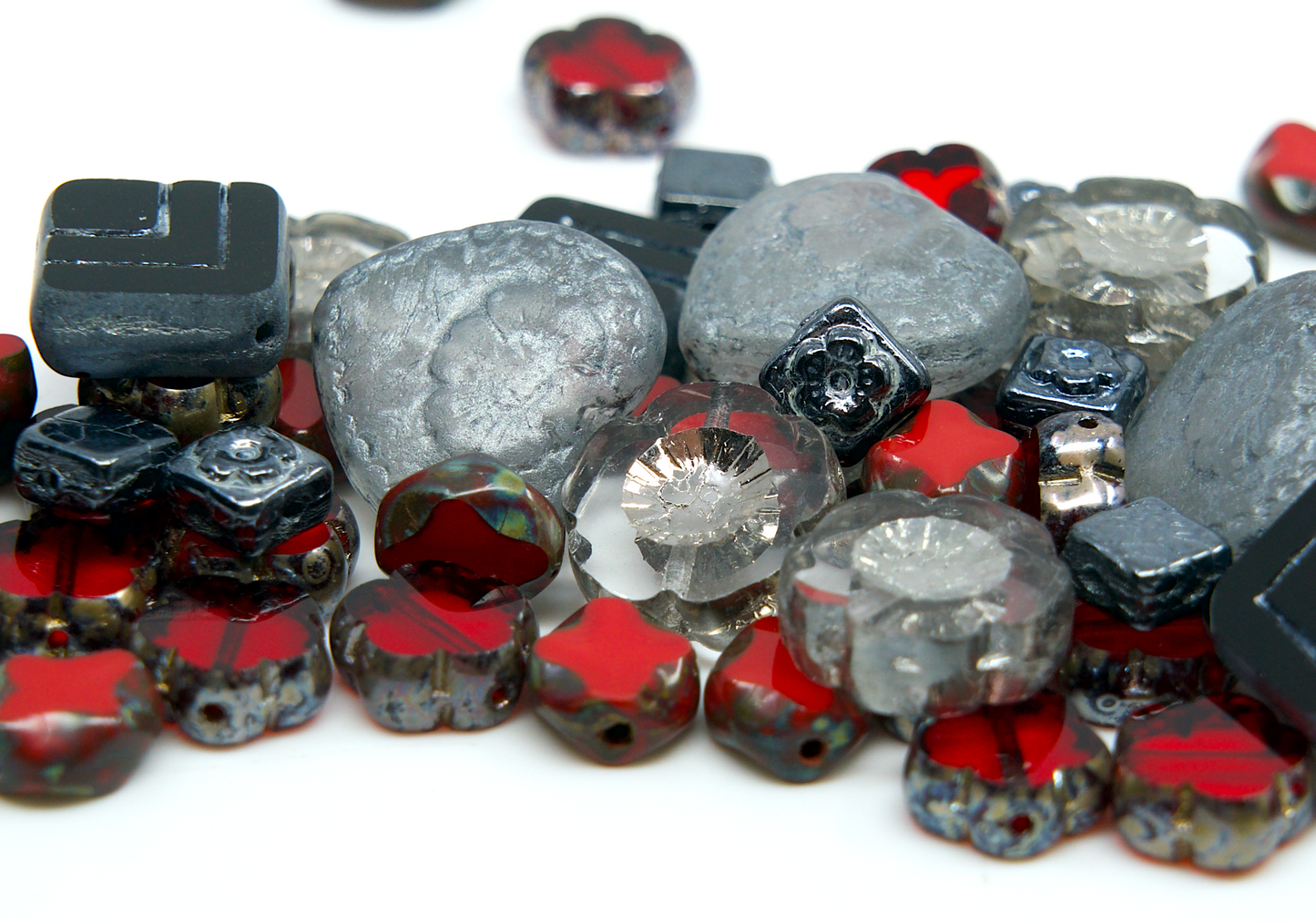 Focal Glass Bead Mix with Table-Cut Flower and Heart Beads, PG Red